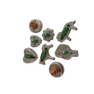 Vintage Lot of 8 Aluminum Cookie Cutters Woden Painted Handles Assorted Shapes